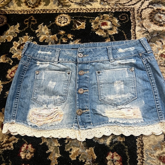 Bershka Dresses & Skirts - Bershka Distressed Denim Mini Skirt with Lace Hem